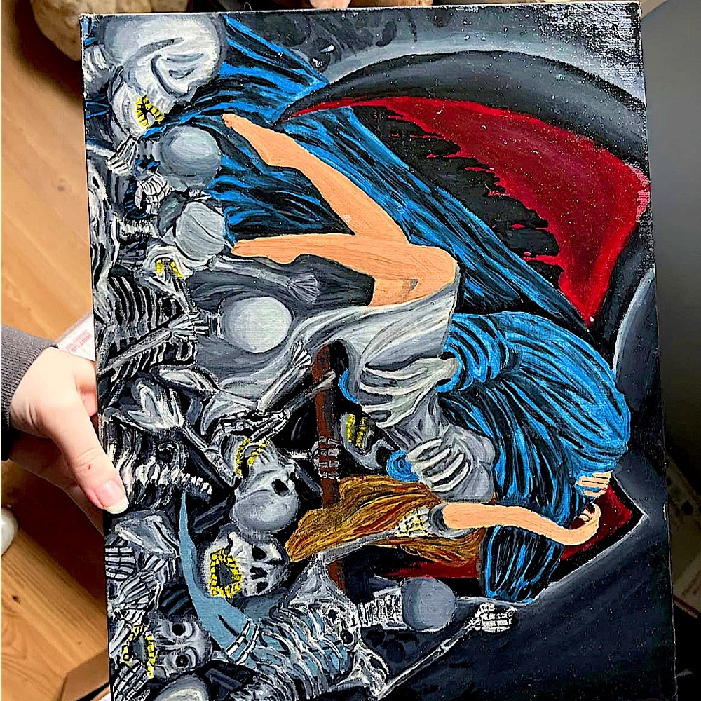 HANDPAINTED BY ME oil 11 by 14 panel canvas grim reaper skeleton painting